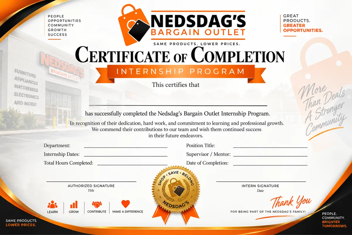 Sample Nedsdag’s Bargain Outlet Internship Program Certificate of Completion
