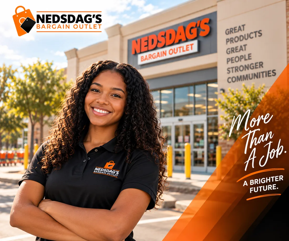 Nedsdag’s intern with long curly hair smiling in front of the store