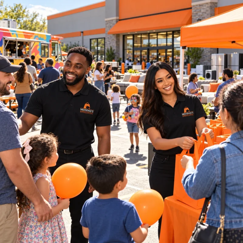 Community event outside Nedsdag’s Bargain Outlet with a food truck and staff greeting families