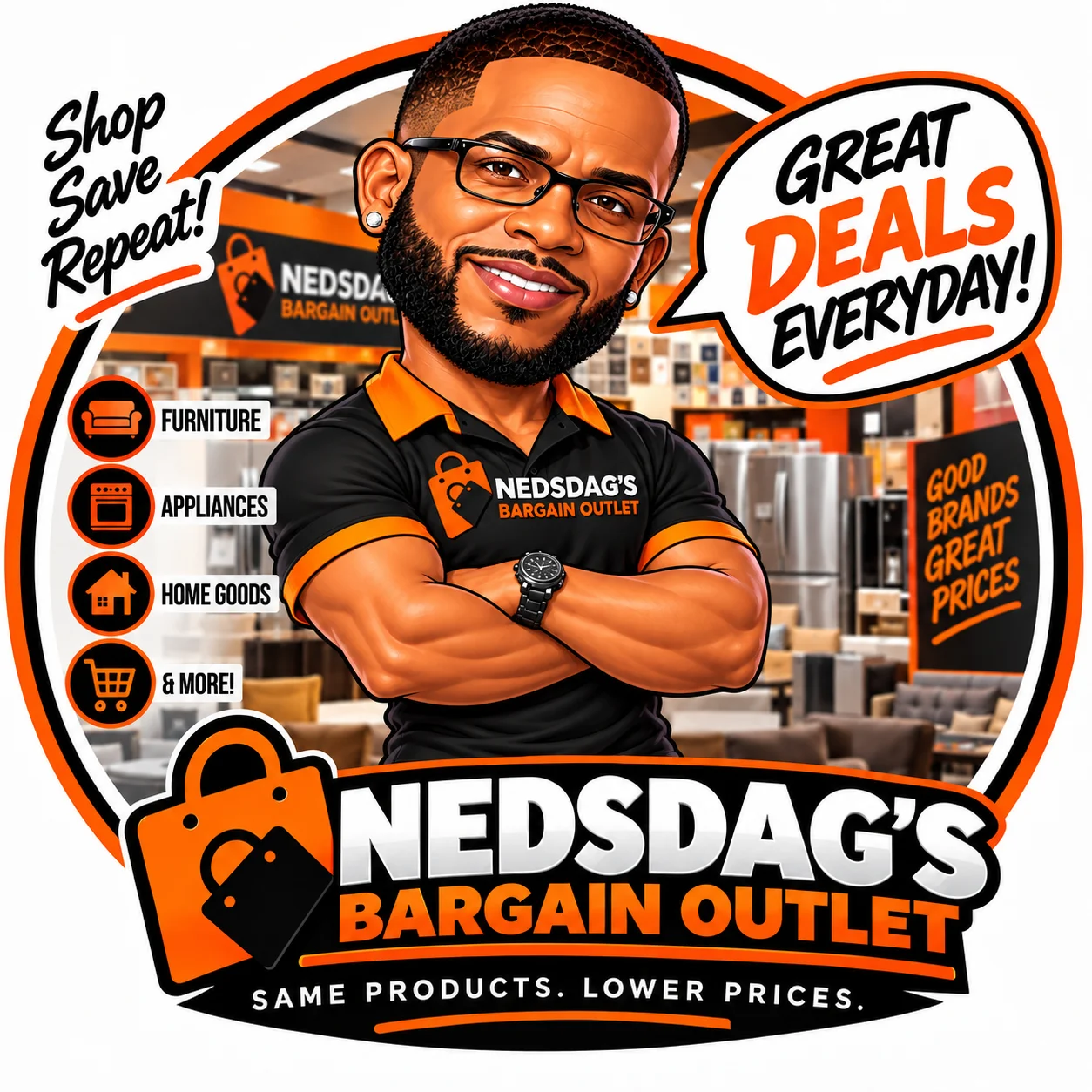 Nedsdag's Bargain Outlet mascot - Shop, Save, Repeat! Great deals everyday