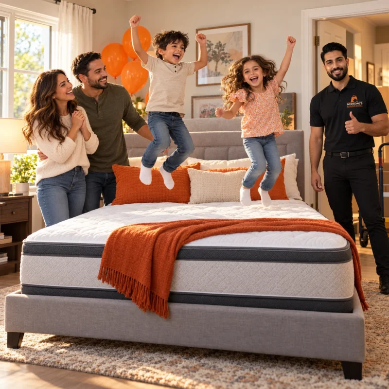 Family celebrating the new bed they won in the Nedsdag’s Weekly Raffle