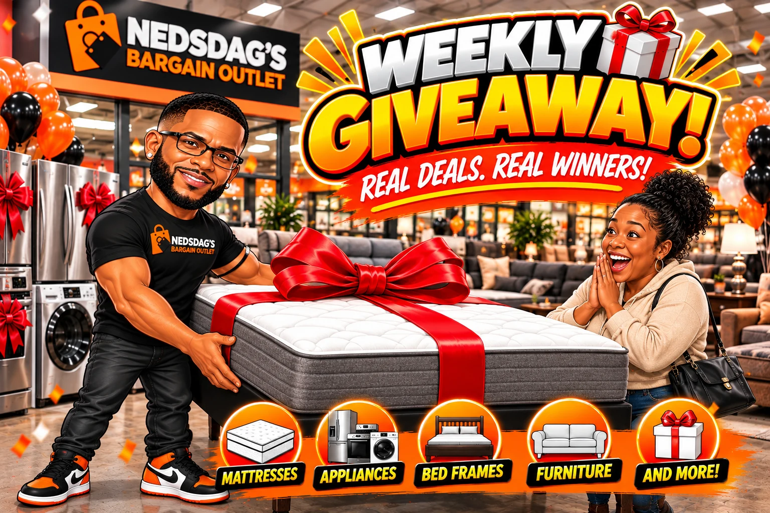 Nedsdag’s Weekly Giveaway: the Nedsdag’s mascot presenting a free mattress to an excited winner