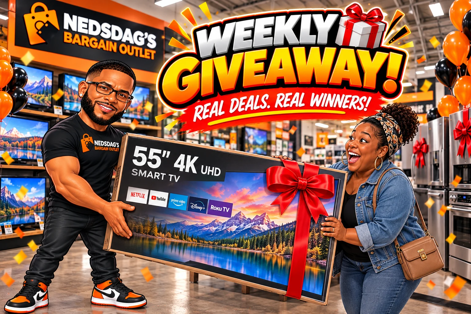 Nedsdag’s Weekly Giveaway: the Nedsdag’s mascot handing a winner a 55-inch 4K smart TV