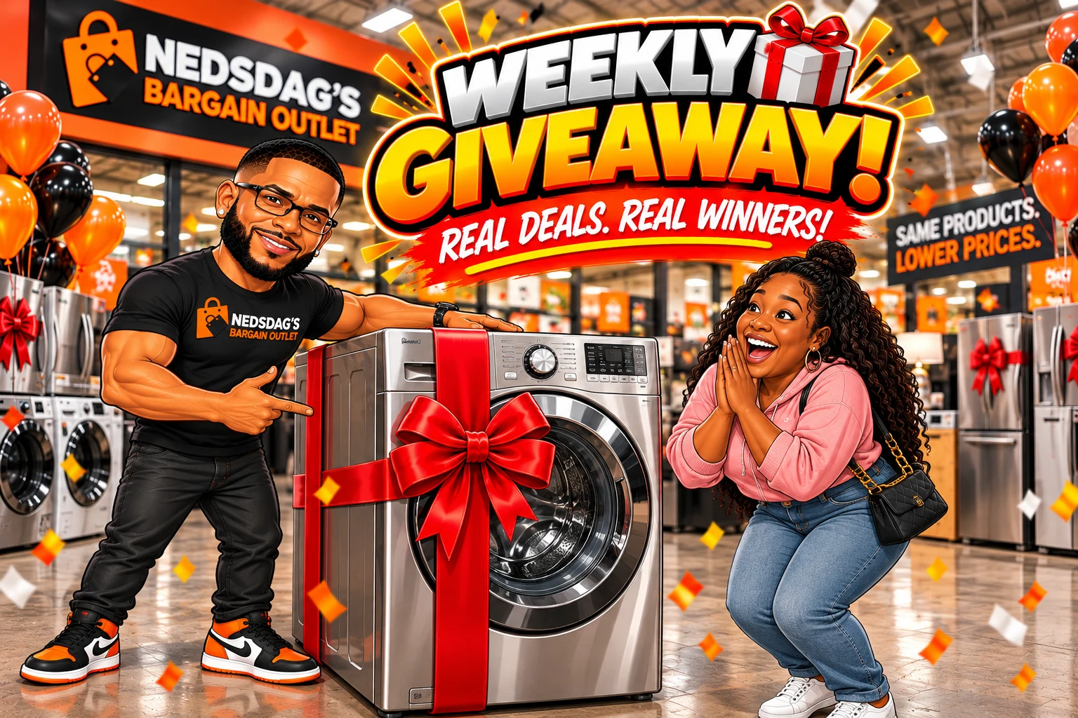 Nedsdag’s Weekly Giveaway: the Nedsdag’s mascot presenting a washer to an excited winner